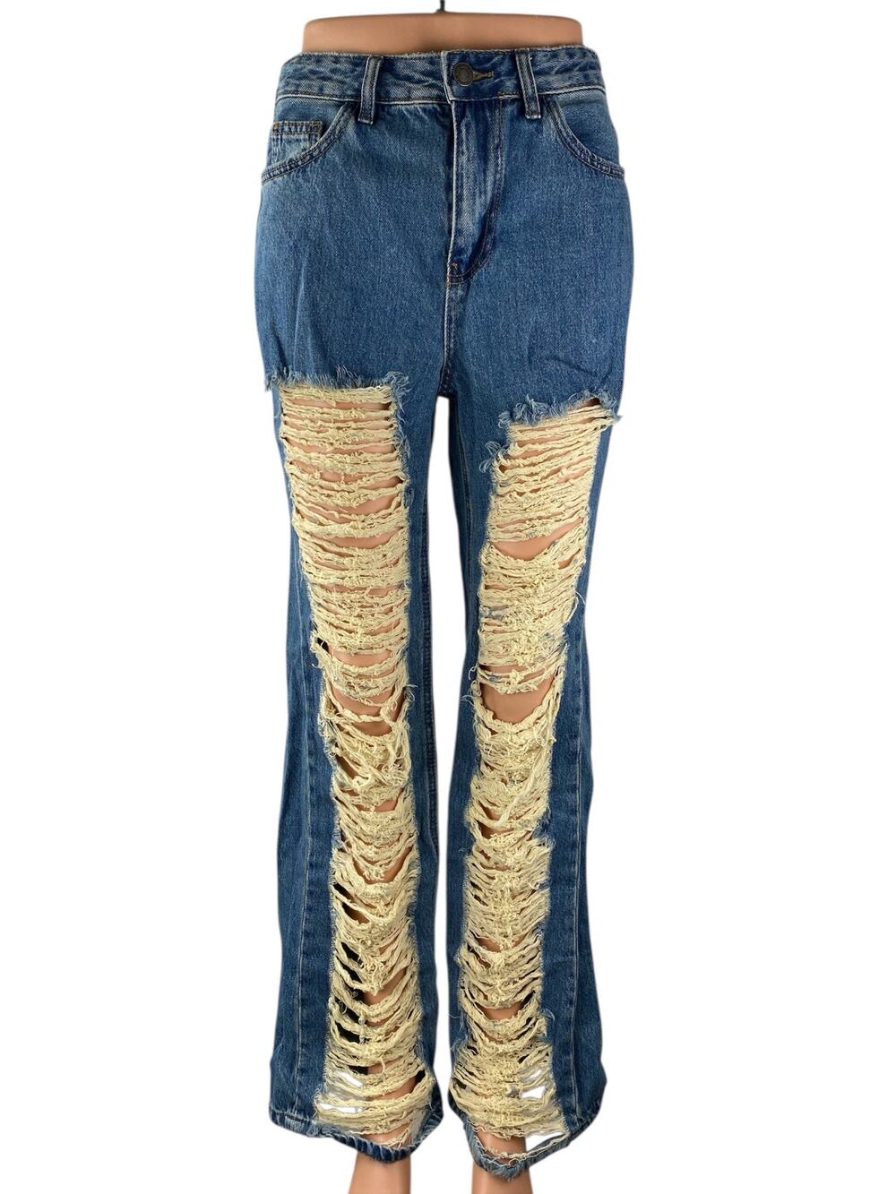 Stradivarius STR Blue Distressed Baggy High Rise Flare Denim Jeans Pants Size 4